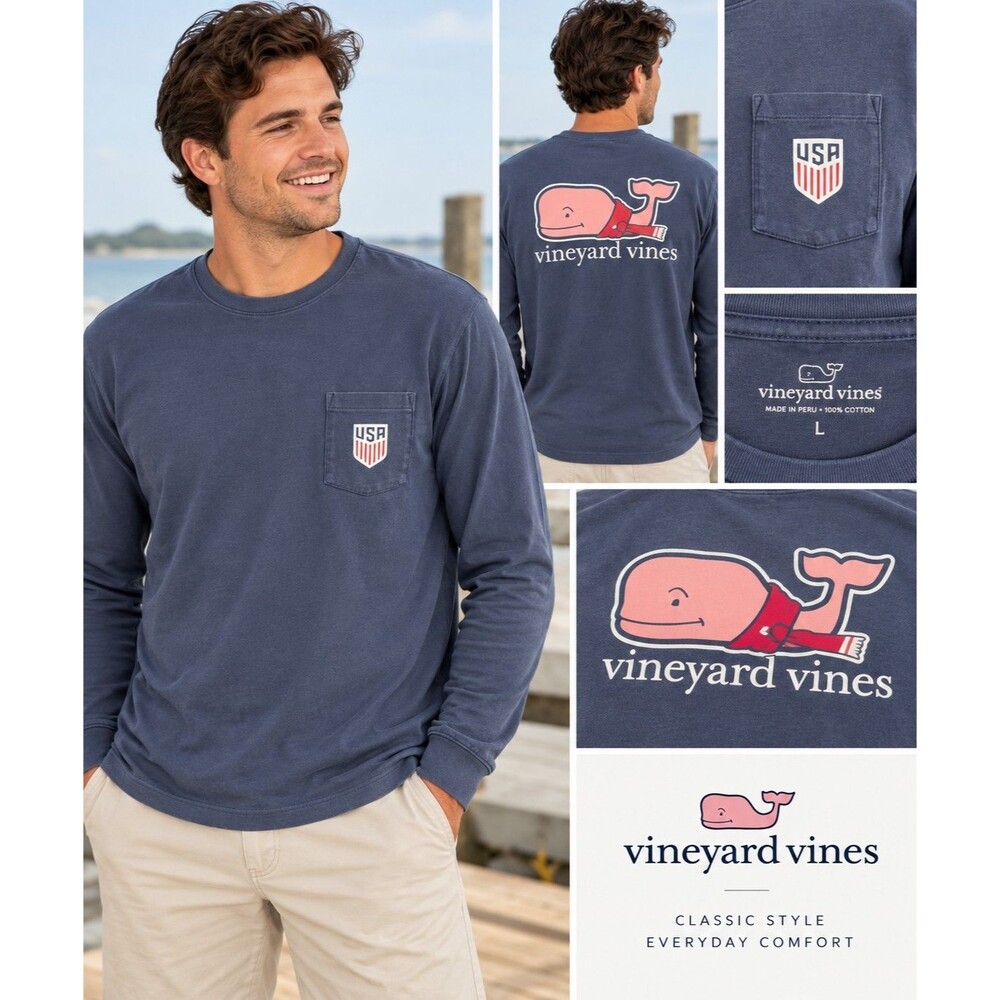 Vineyard Vines Mens Large Blue Long Sleeve Whale Pocket T-Shirt Cotton